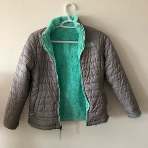 North Face grey/mint reversible puff jacket M